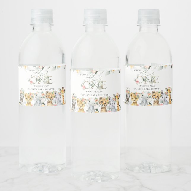 Jungle Animals, Safari, Flowers, Baby Shower Water Bottle Label (Bottles)