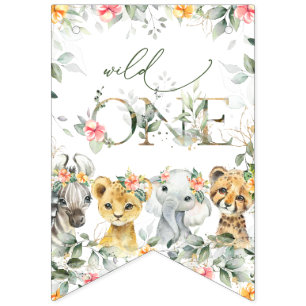 Jungle Animals, Safari, Flowers, First Birthday Bunting Flags