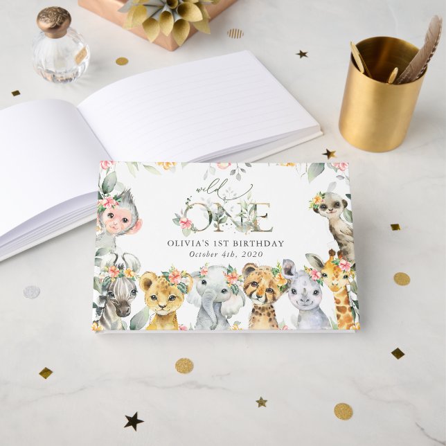 Jungle Animals, Safari, Flowers, First Birthday Guest Book (Front Open)