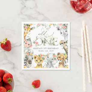 Jungle Animals, Safari, Flowers, First Birthday Napkin