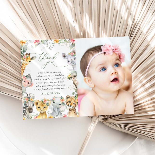 Jungle Animals, Safari, Flowers, First Birthday Thank You Card (Creator Uploaded)