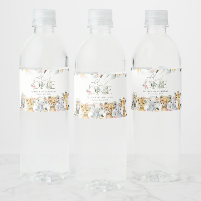 Jungle Animals, Safari, Flowers, First Birthday Water Bottle Label (Bottles)