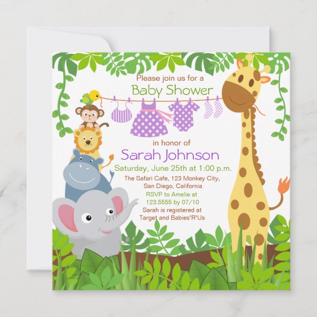 Jungle Animals Safari Girl Baby Shower Invitation (Front)