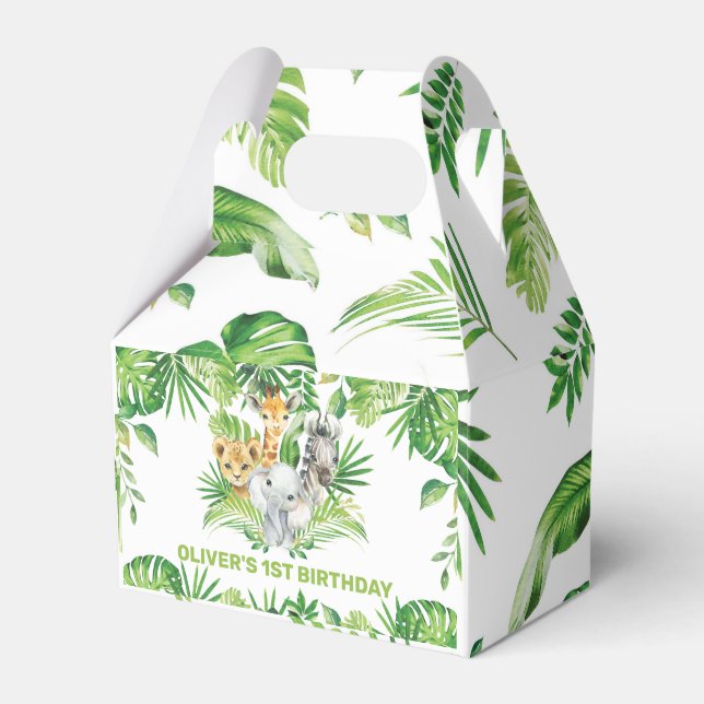 Jungle Animals Safari Greenery 1st Birthday Shower Favor Box (Front Side)