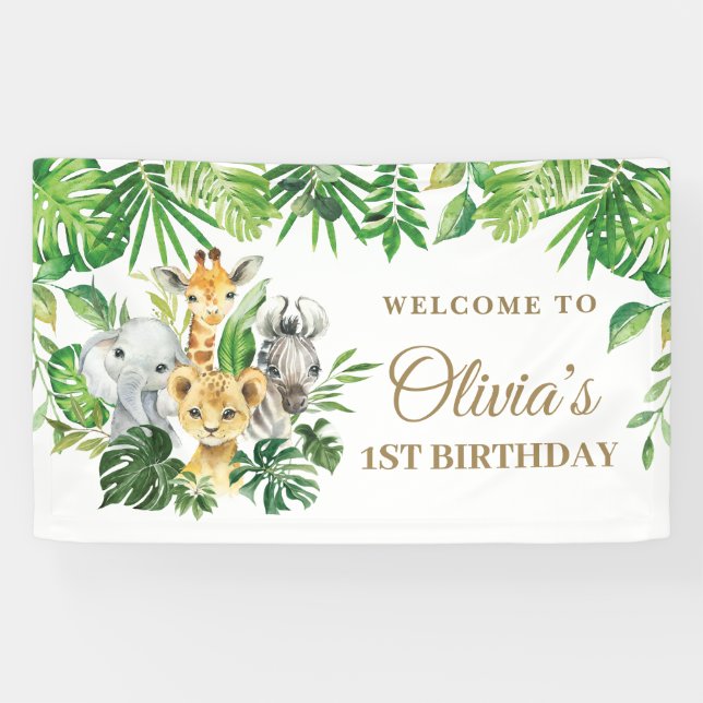 Jungle Animals Safari Greenery Birthday Backdrop Banner (Horizontal)