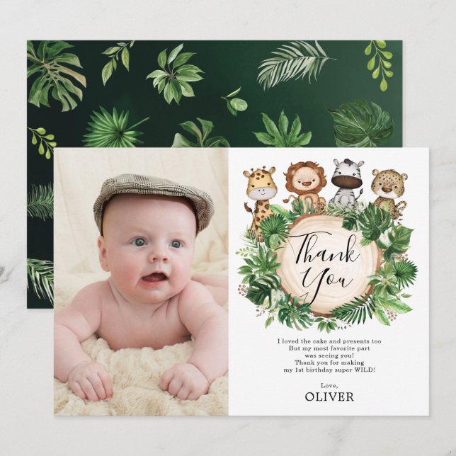 Jungle Animals Safari Greenery Birthday Photo Thank You Card (Front/Back)