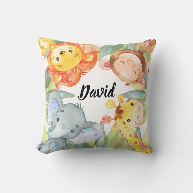 Jungle Animals Safari Nursery Decor Personalized Throw Pillow (Front)