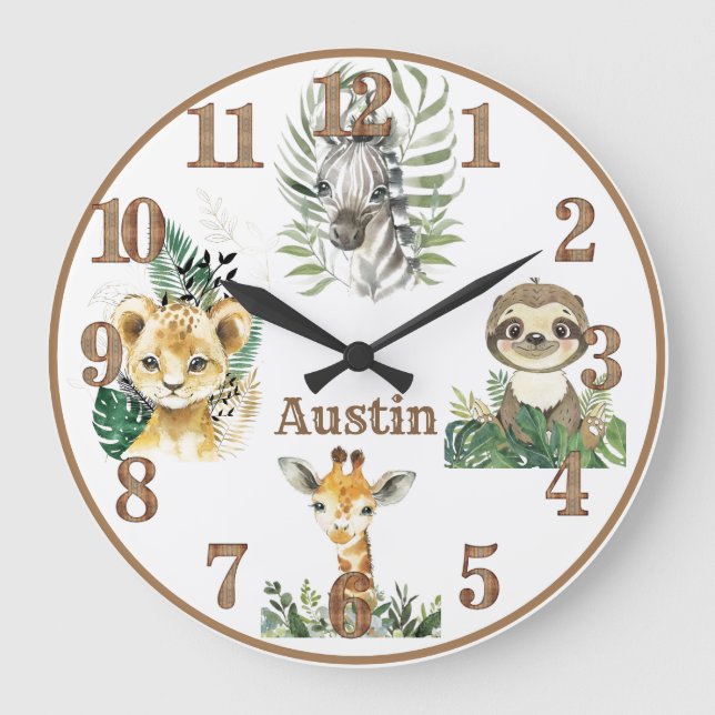 Jungle Animals Safari Personalized Nursery Round  Large Clock (Front)