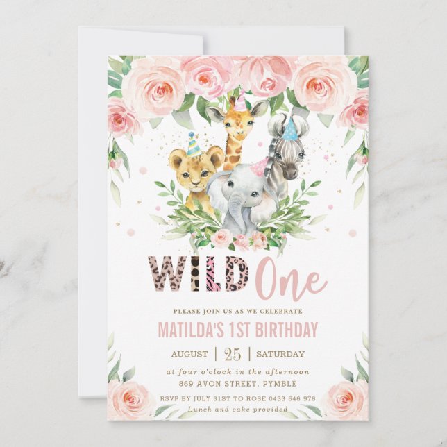 Jungle Animals Safari Pink Floral 1st Birthday Invitation (Front)