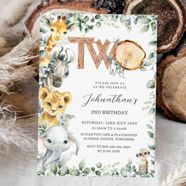 Jungle Animals Safari Two Wild 2nd Second Birthday Invitation (Creator Uploaded)