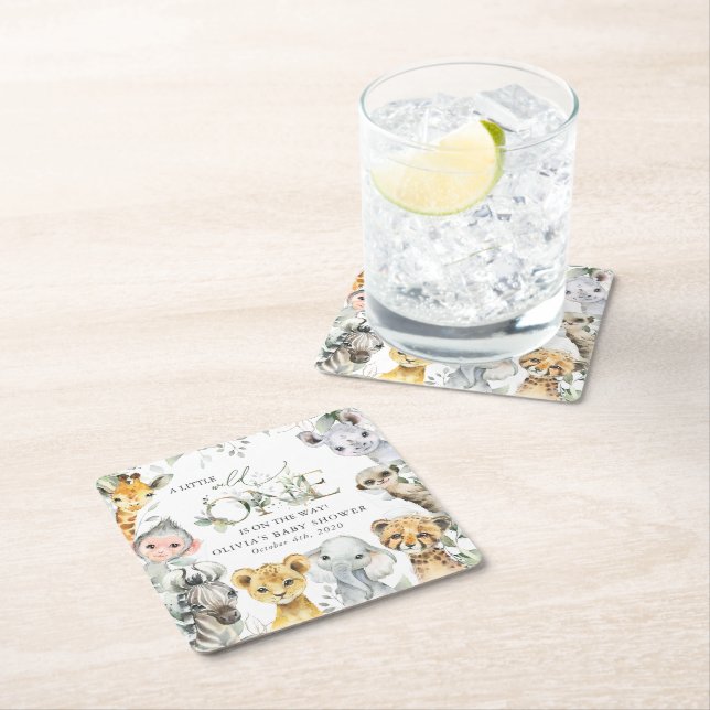 Jungle Animals, Safari, Wild One, Baby Shower Square Paper Coaster (Insitu)