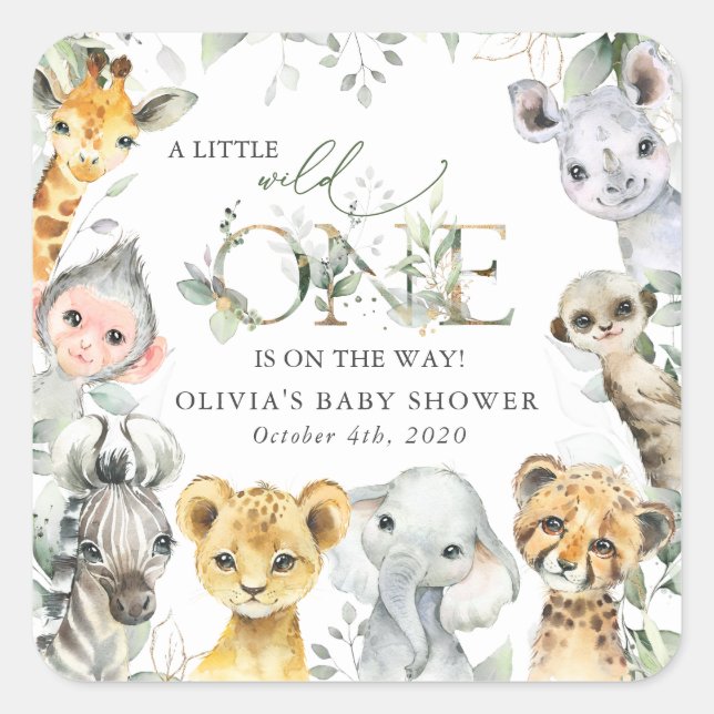 Jungle Animals, Safari, Wild One, Baby Shower Square Sticker (Front)