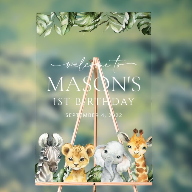 Jungle Animals, Safari, Wild One, Birthday Welcome Acrylic Sign (Neutral)