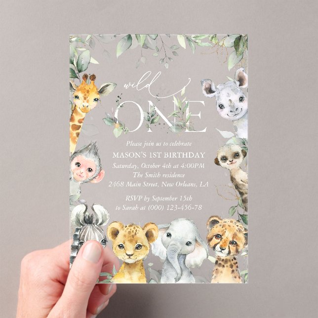 Jungle Animals, Safari, Wild One, First Birthday Acrylic Invitations (Insitu (Handheld))