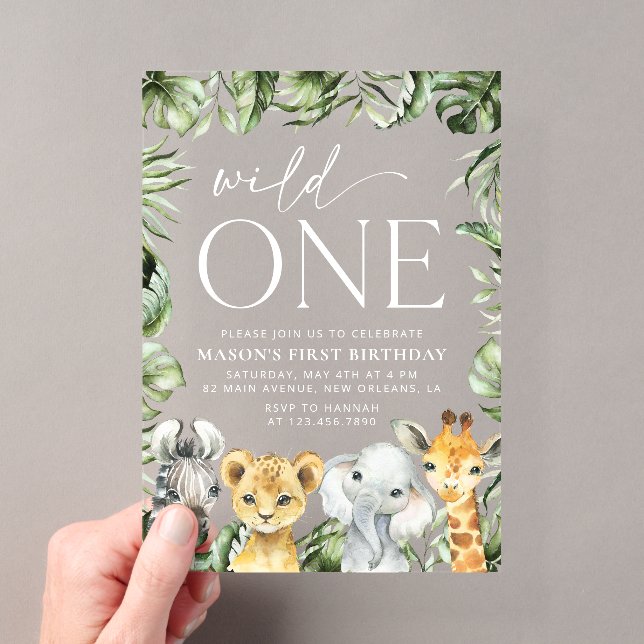 Jungle Animals, Safari, Wild One, First Birthday Acrylic Invitations (Insitu (Handheld))