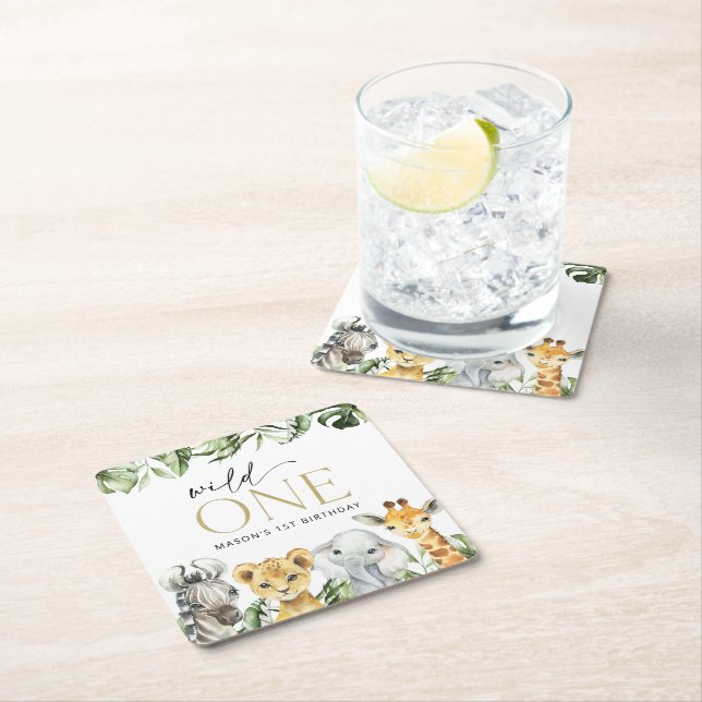 Jungle Animals, Safari, Wild One, First Birthday Square Paper Coaster (Insitu)