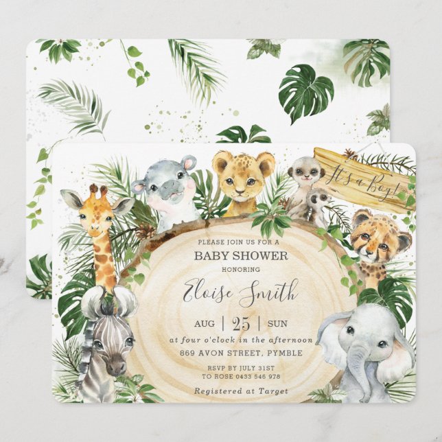 Jungle Animals Safari Wood Greenery Baby Shower Invitation (Front/Back)