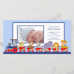 Jungle Animals Train Baby Boy Birth Annoucement Announcement