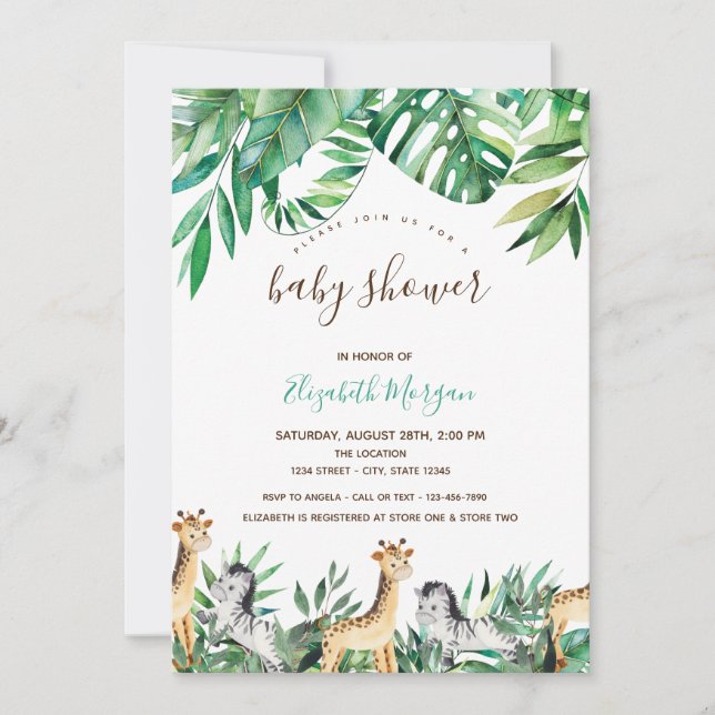 Jungle Animals Tropical Leaves Baby Shower Invitation (Front)