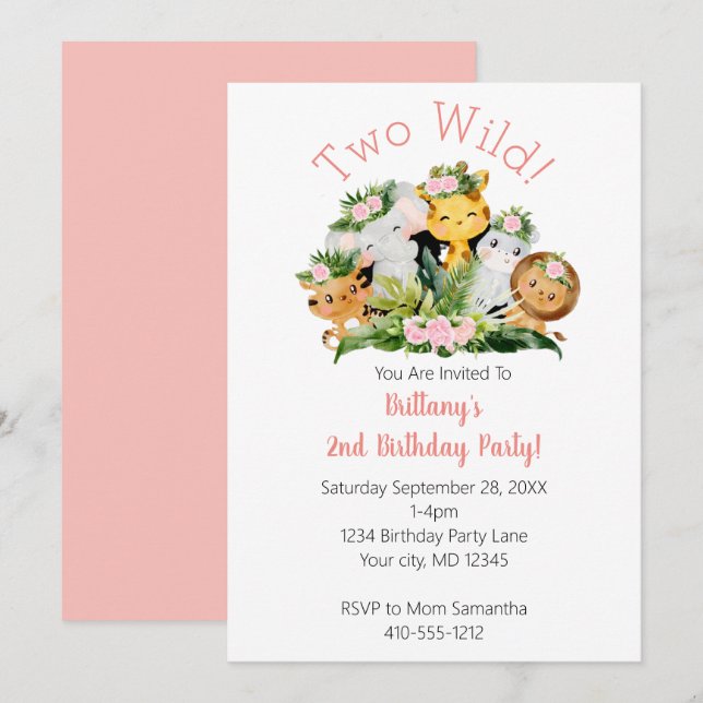 Jungle Animals Two Wild 2nd Birthday Party Invitation (Front/Back)
