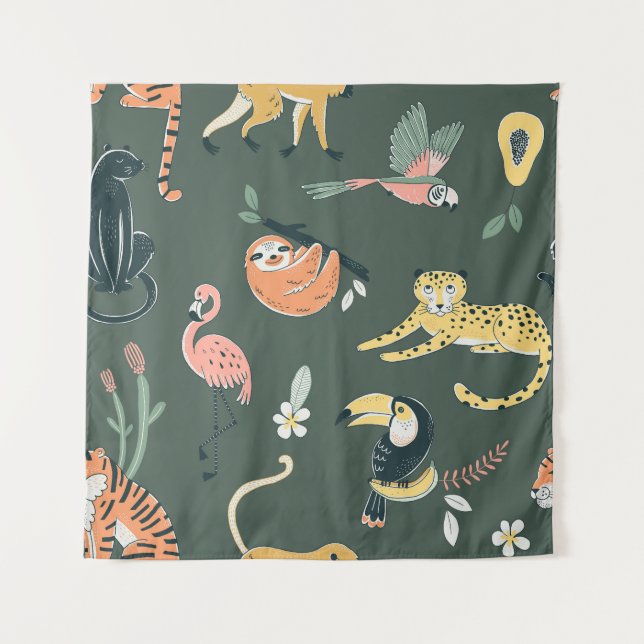 Jungle Animals Vintage Flora Fauna Tapestry (Front)