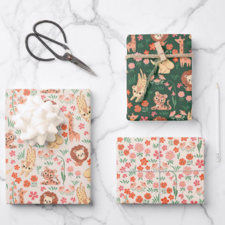 Jungle Animals Wrapping Paper Flat Sheet Set of 3