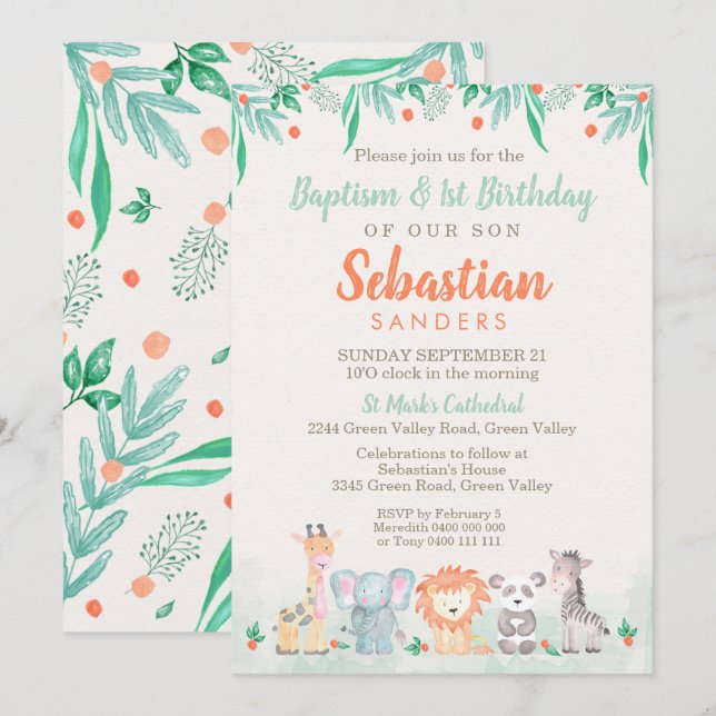 Jungle Animaux Baptême 1er anniversaire Invitation (Devant / Derrière)