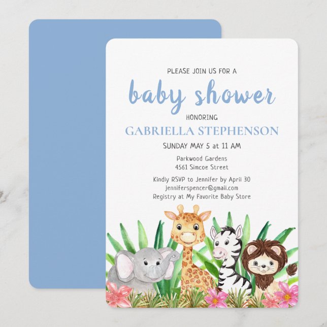 Jungle Animaux Safari Blue Baby shower Invitation (Devant / Derrière)