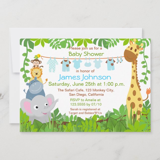 Jungle Animaux Safari Boy Baby shower Invitation (Devant)