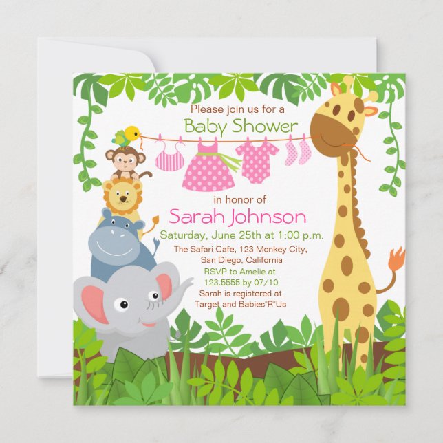 Jungle Animaux Safari Girl Baby shower Invitation (Devant)