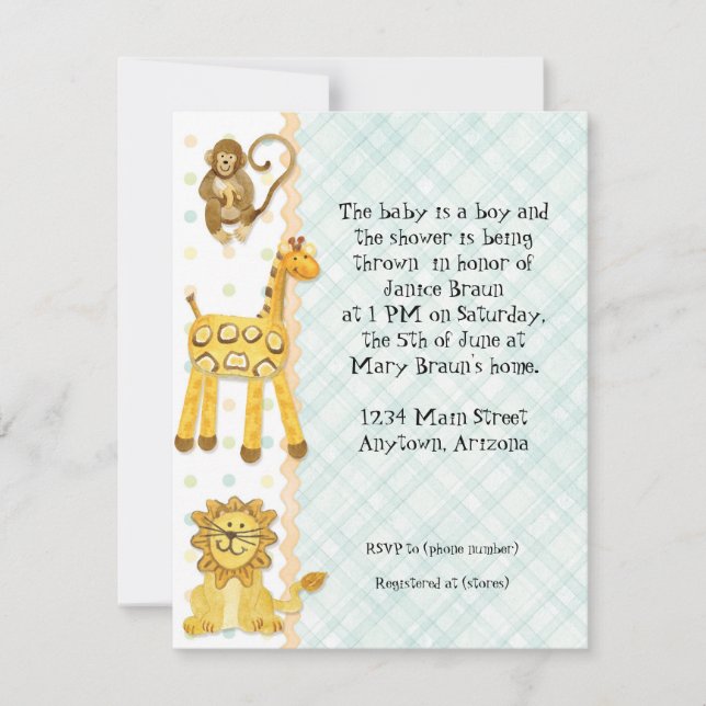 Jungle Babies, Boy Baby Shower Invitation 4- Green (Front)
