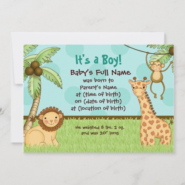 Jungle Babies - Boy Birth Announcement (Front)
