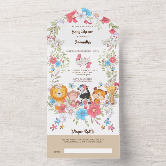 Jungle baby animals cute safari tropical party all in one invitation (Inside)