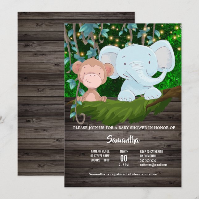 Jungle baby elephant monkey vine greenery lights invitation (Front/Back)