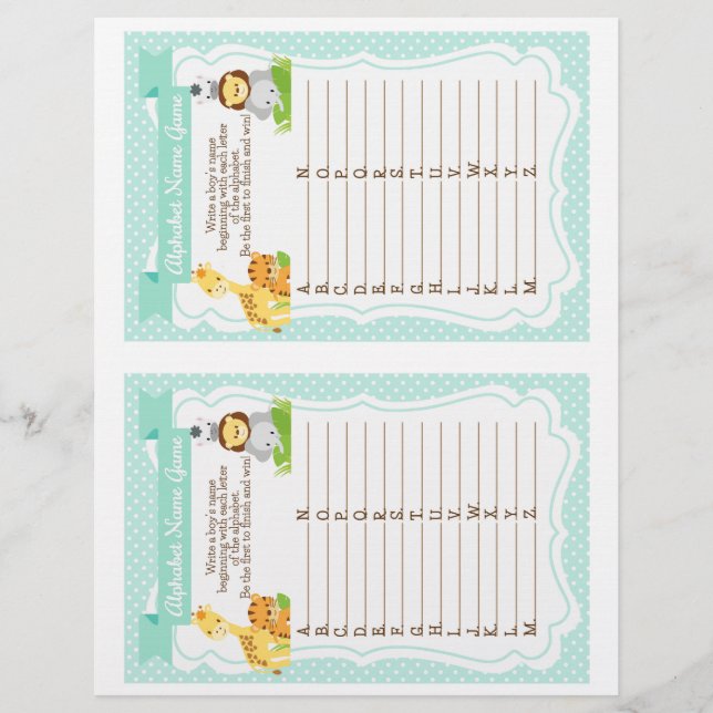 Jungle Baby Shower Alphabet boy's Name Game (Front)