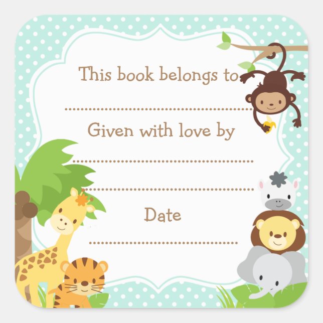 Jungle Baby Shower Bookplate sticker blue (Front)
