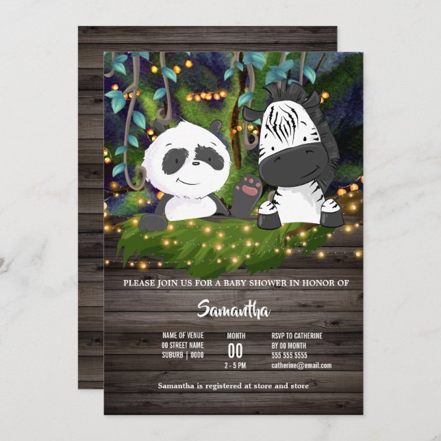 Jungle baby zebra panda bear vine greenery lights invitation (Front/Back)