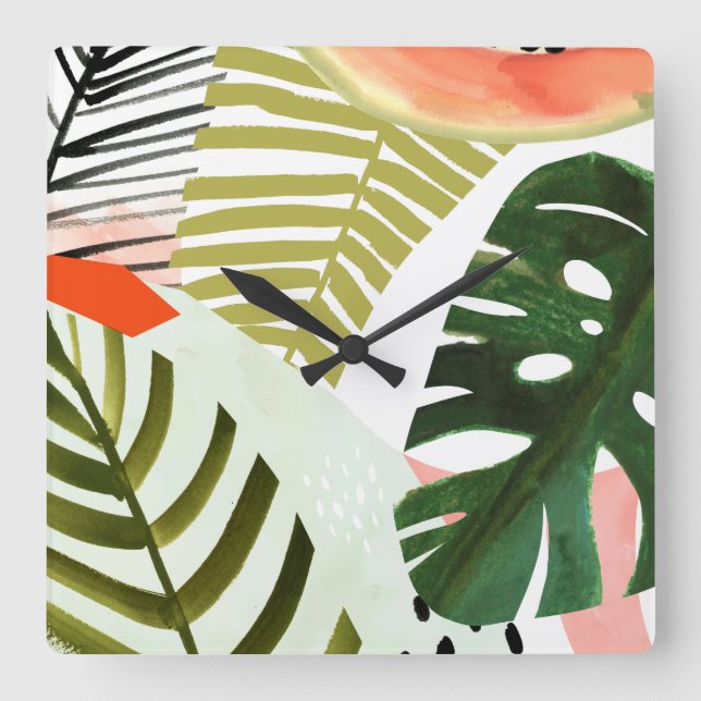 Jungle Beat Tropical Greenery Square Wall Clock (Front)