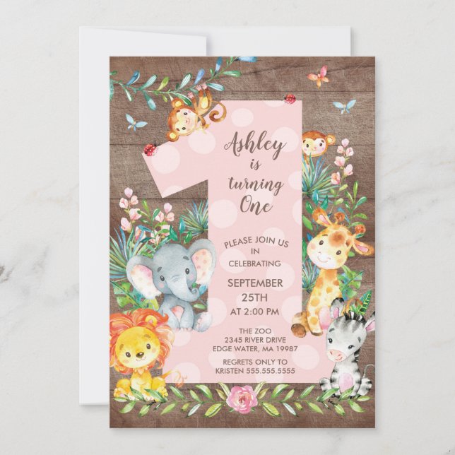 Jungle Big One Girls Anniversaire Invitation (Devant)
