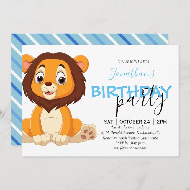 Jungle Birthday Boy LION Invitation (Devant / Derrière)