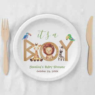 Jungle Boy Baby Shower Cute Safari Animals Wood Paper Plate