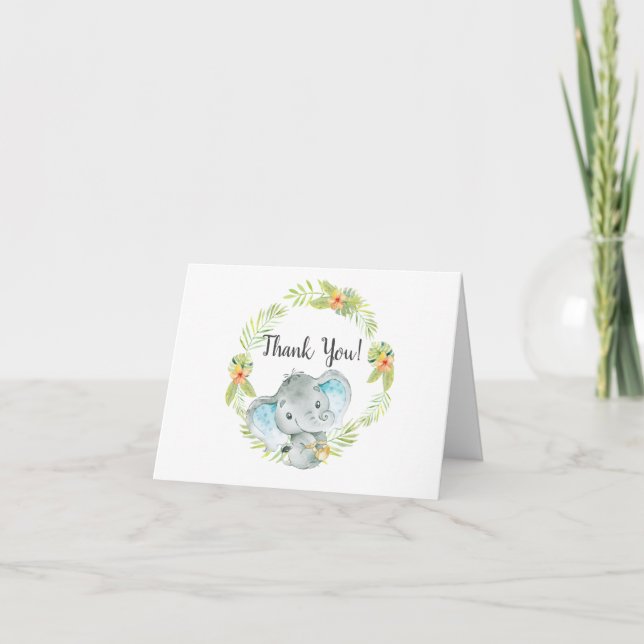 Jungle Boy Elephant Baby Shower Thank You Note (Front)
