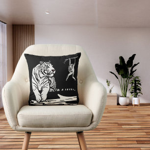 Jungle Cat Tiger Gazing Wild On Black White Modern Throw Pillow