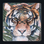 Jungle Cat - Tiger Square Wall Clock<br><div class="desc">Jungle Cat I by Jennifer Paxton Parker. This art features a close-up of a stoic tiger in a soft art style. | 164728Z</div>