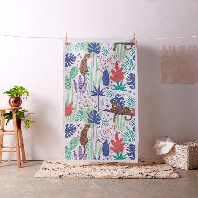 Jungle cats with flowers and leaves pattern fabric (In Situ)