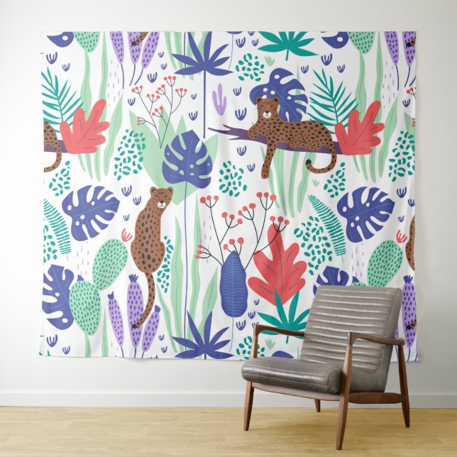 Jungle cats with flowers and leaves pattern tapestry (In Situ (Horizontal))