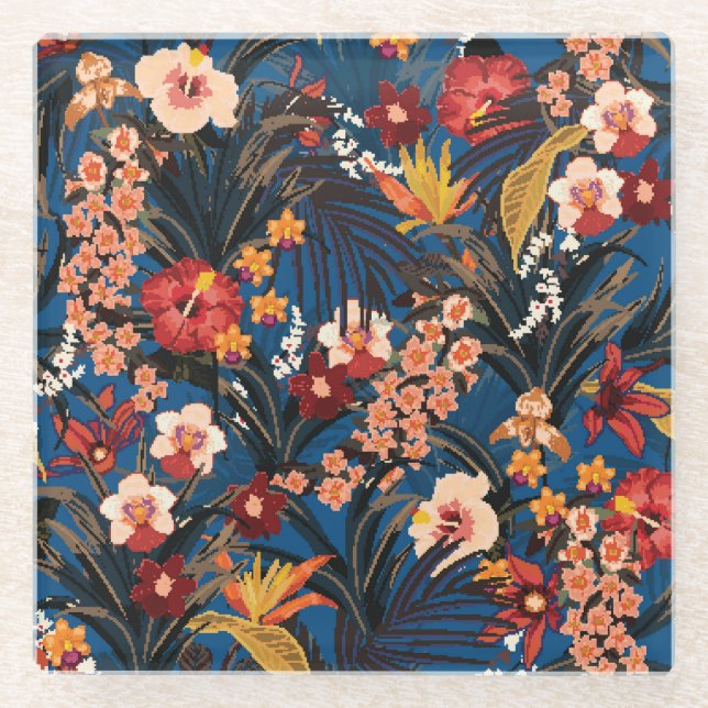 Jungle Chic: Dark Blue Exotic. Glass Coaster (Front)