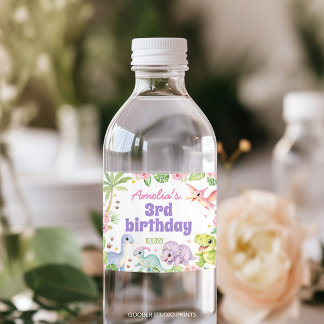 Jungle Cute Dinosaur Girl Pink Floral Birthday Water Bottle Label