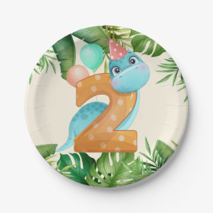 Jungle Dinosaur Palm Leaves 2nd Birthday Party Paper Plate