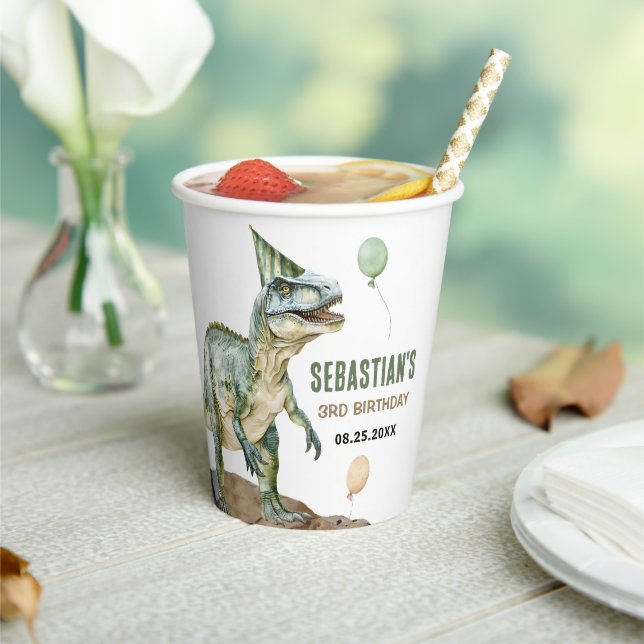 Jungle Dinosaur T Rex 3rd Birthday Party Paper Cups (Insitu)